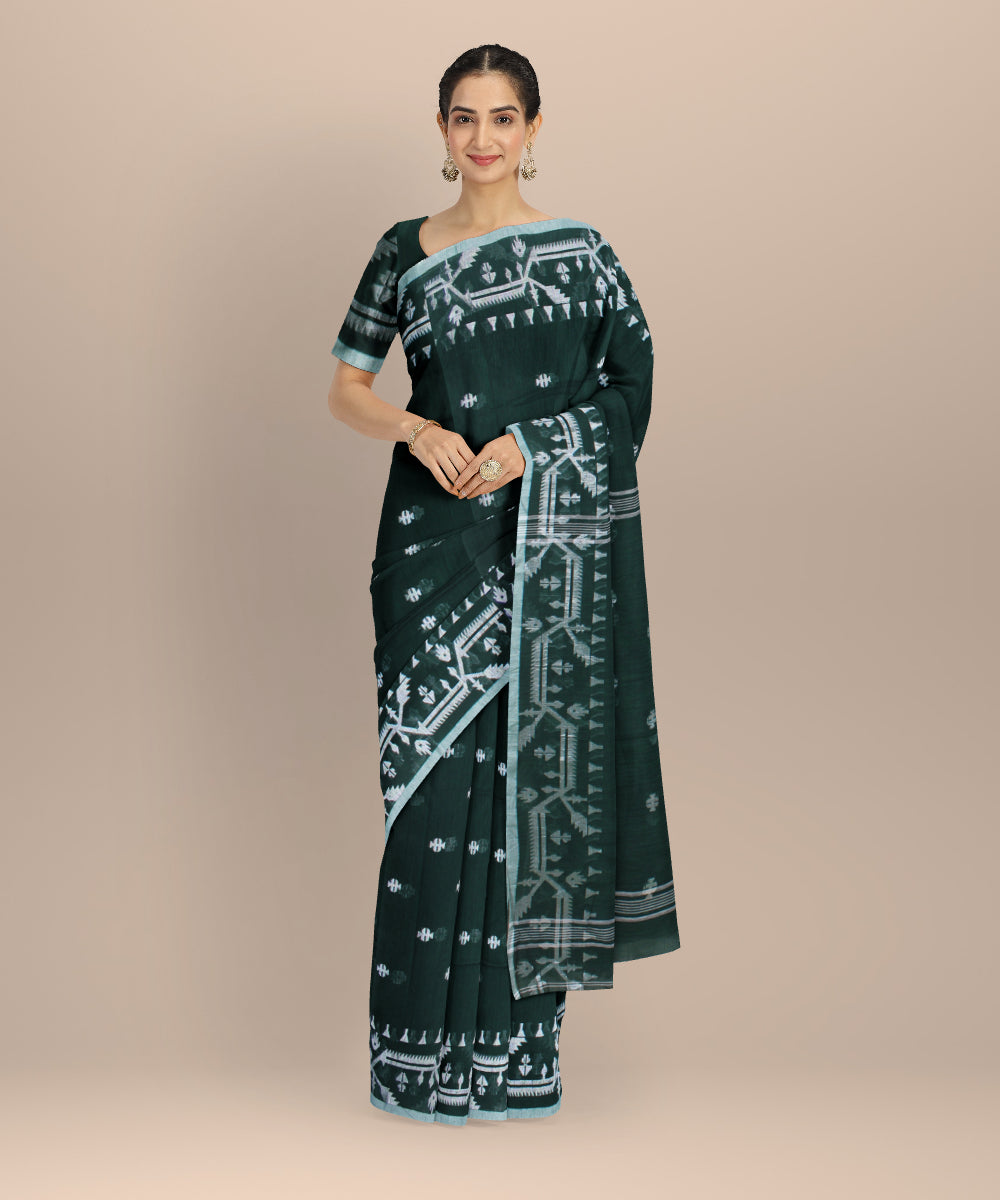 Dark green white cotton bengal handloom saree