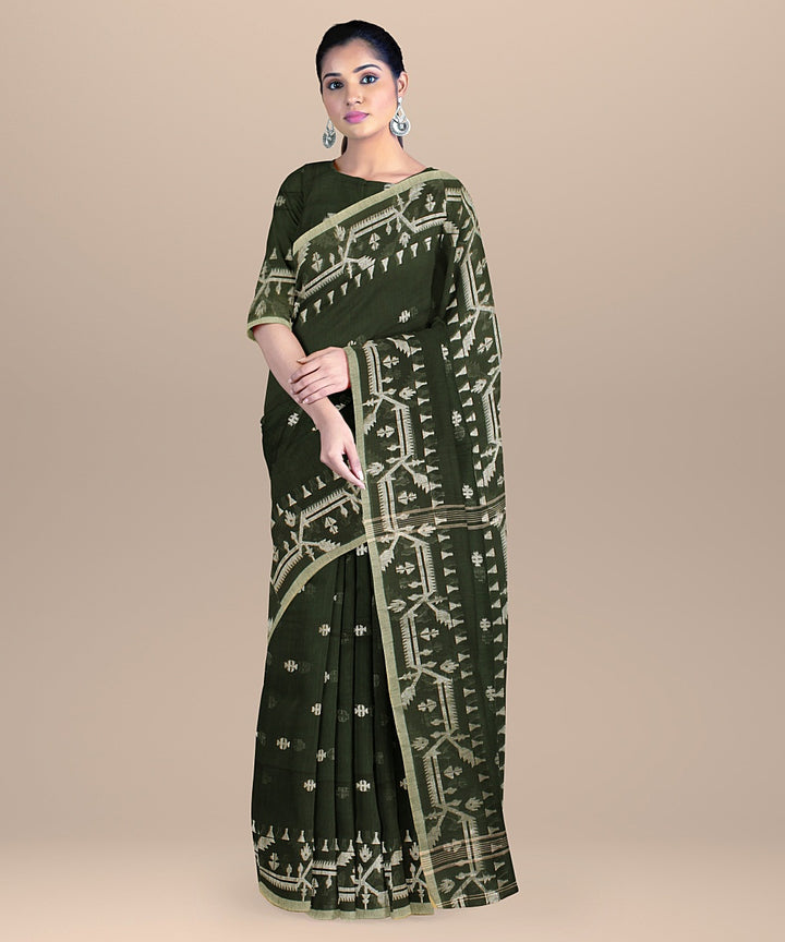 Dark green white cotton bengal handloom saree