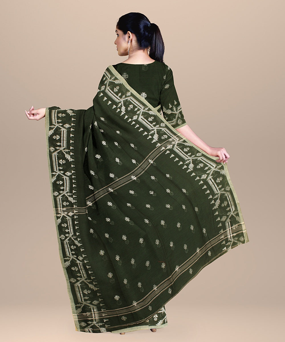 Dark green white cotton bengal handloom saree