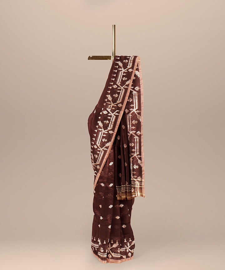 Maroon white handloom cotton bengal saree