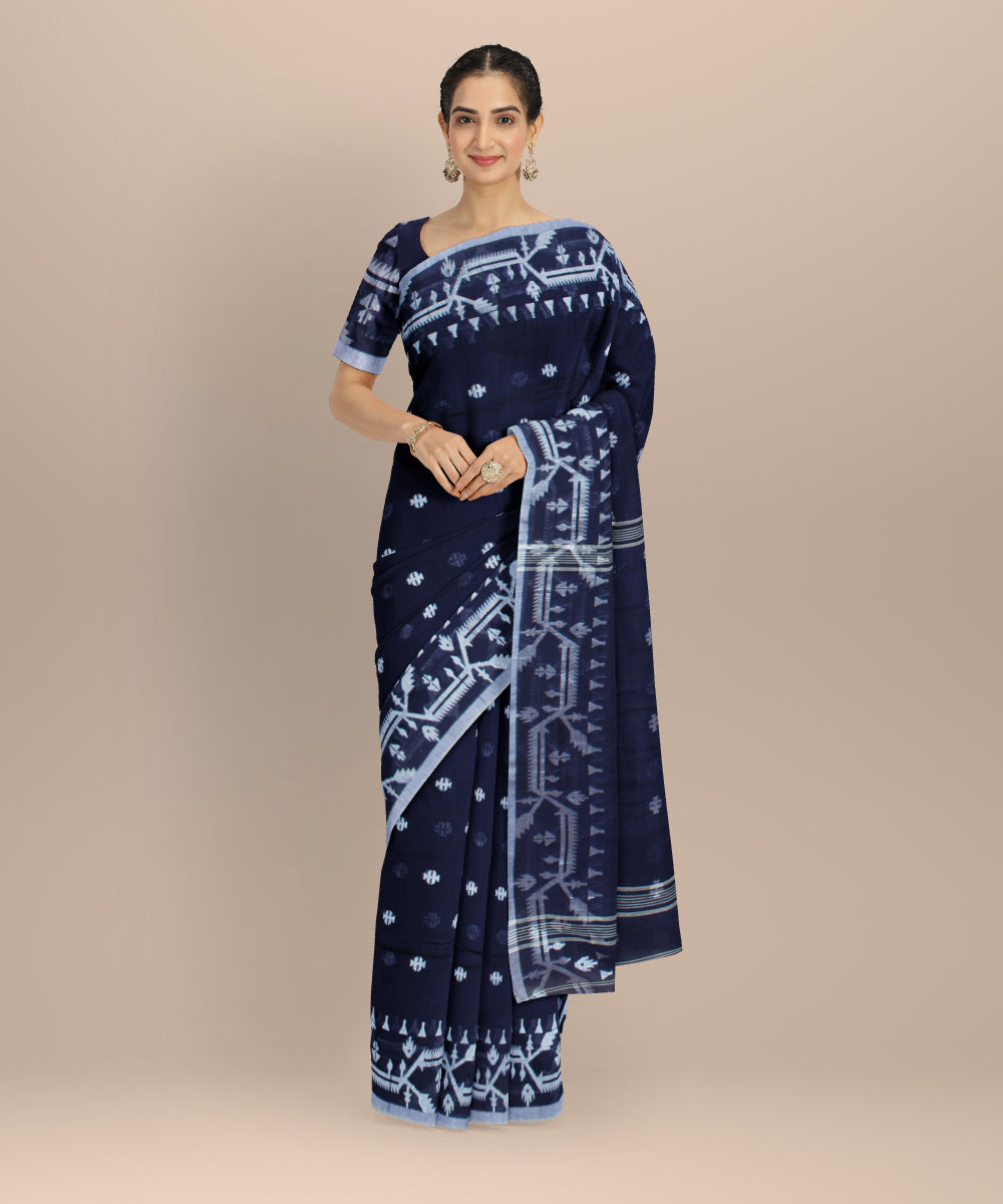 Navy blue white handloom bengal cotton saree