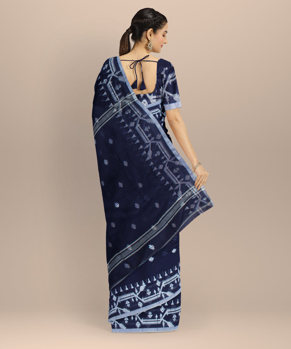 Navy blue white handloom bengal cotton saree