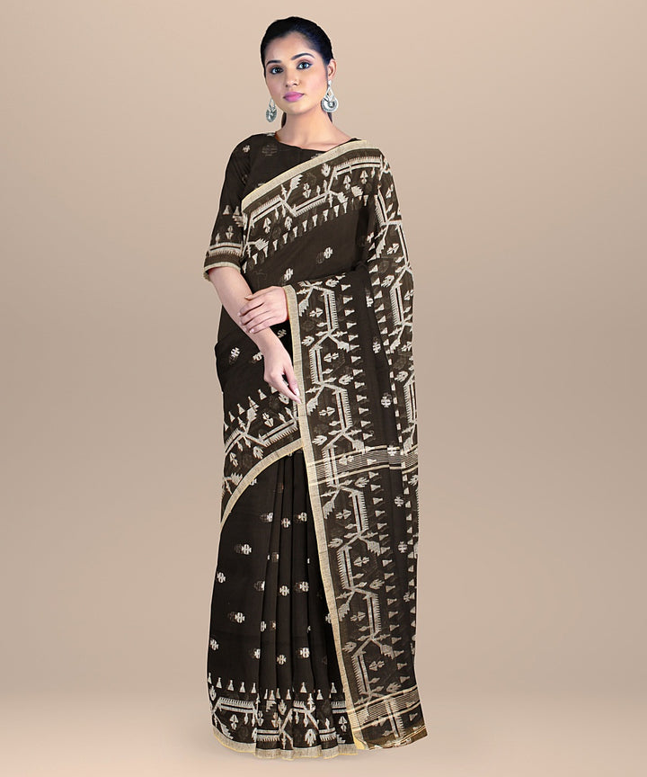 Black white handloom cotton bengal saree