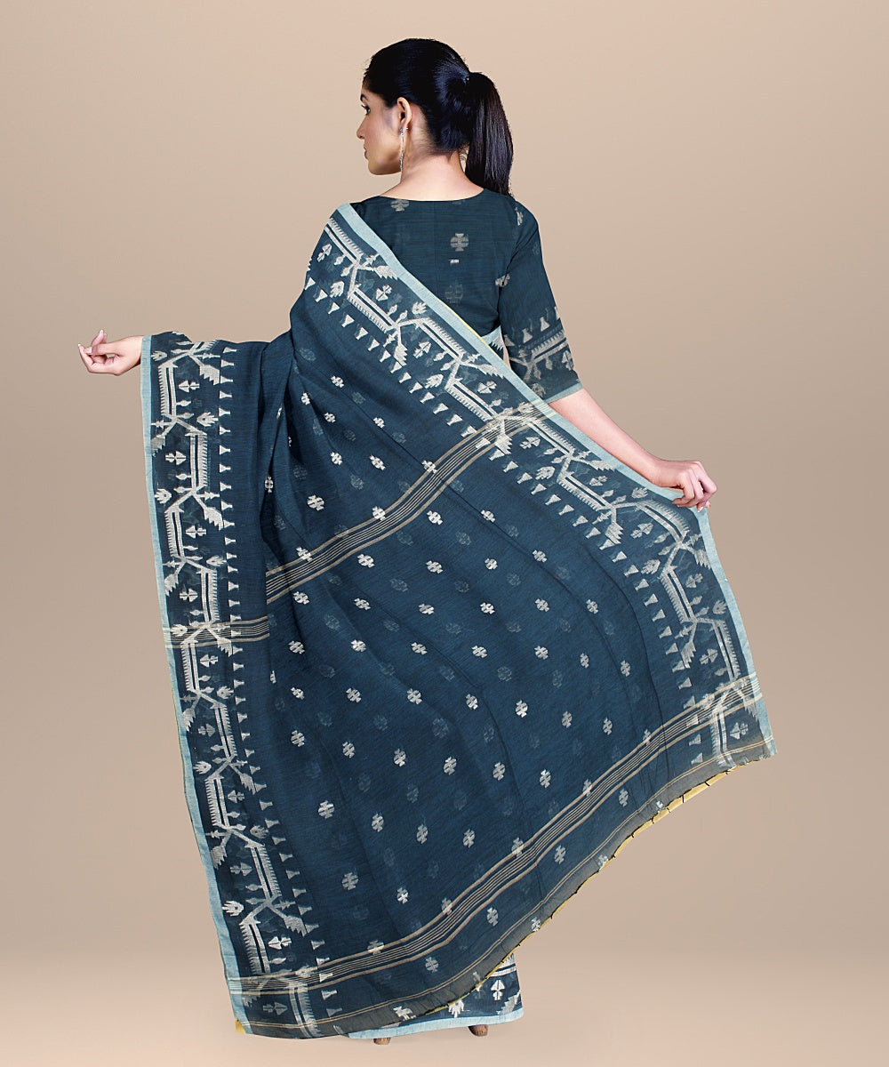 Cyan blue white handloom cotton bengal saree