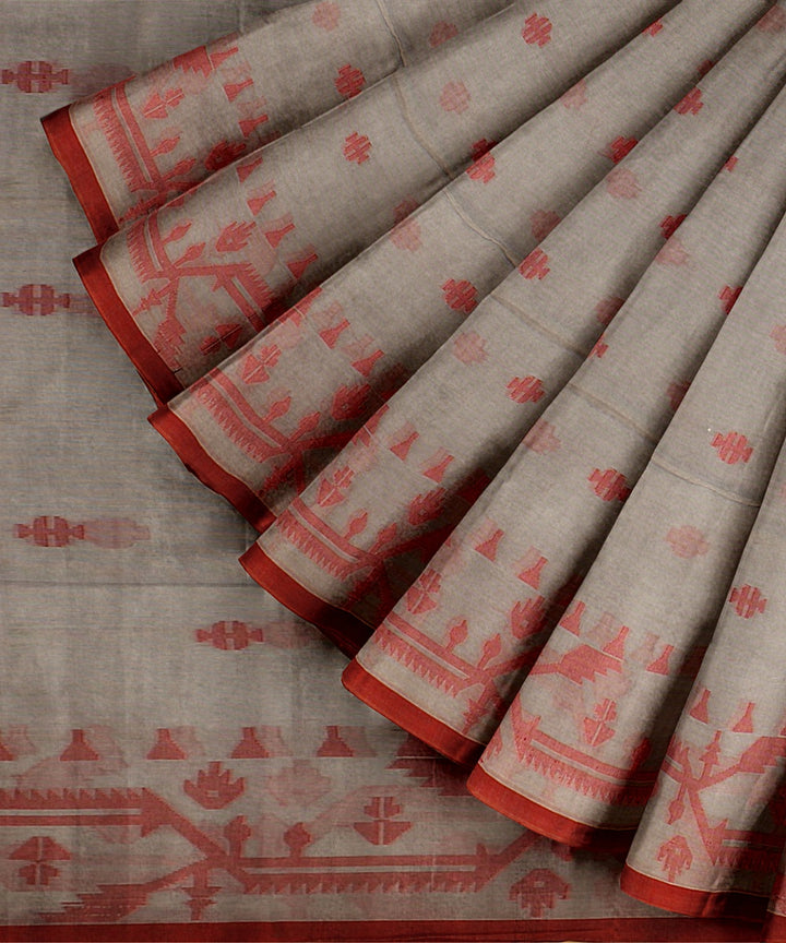 Grey red cotton handloom bengal saree