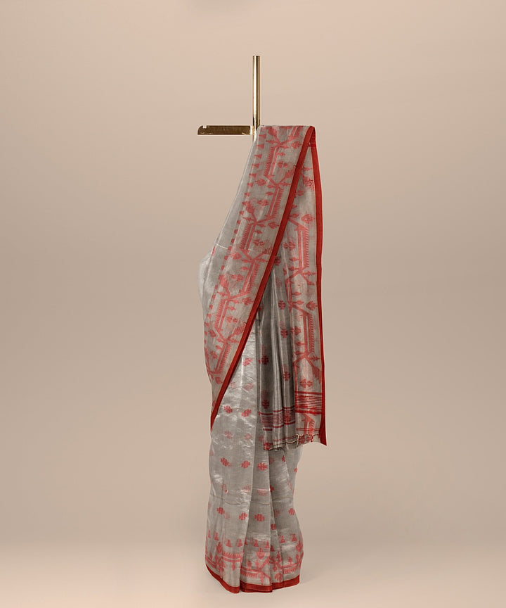 Grey red cotton handloom bengal saree