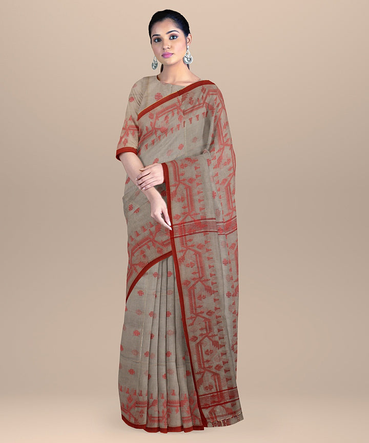 Grey red cotton handloom bengal saree