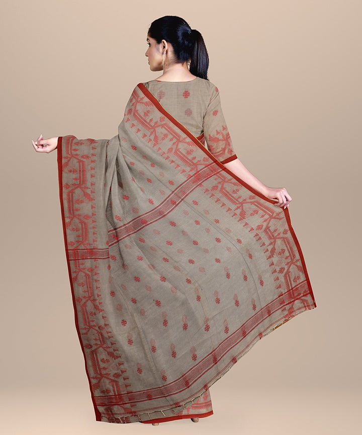 Grey red cotton handloom bengal saree