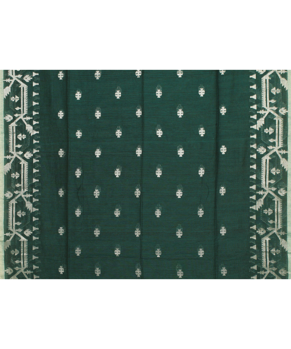 Dark green white bengal handloom cotton saree