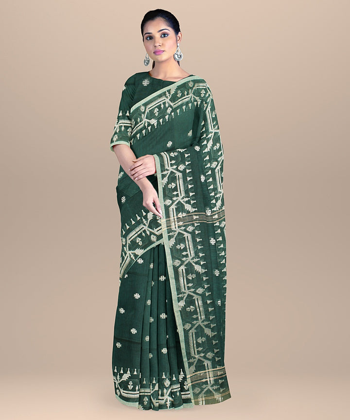 Dark green white bengal handloom cotton saree