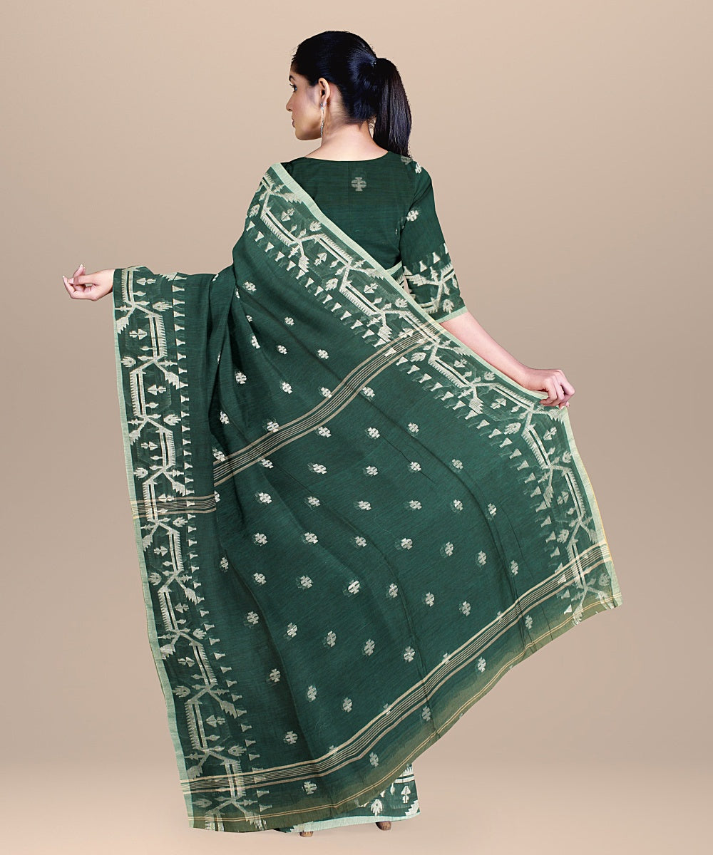 Dark green white bengal handloom cotton saree