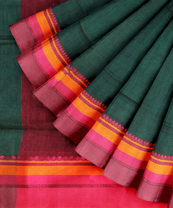 Dark green pink cotton bengal handloom saree