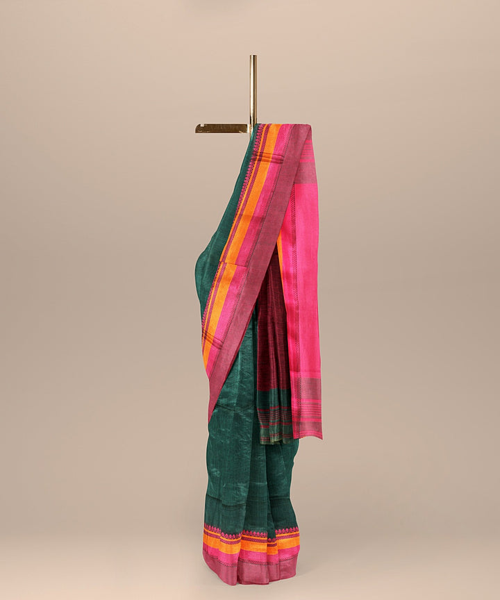 Dark green pink cotton bengal handloom saree