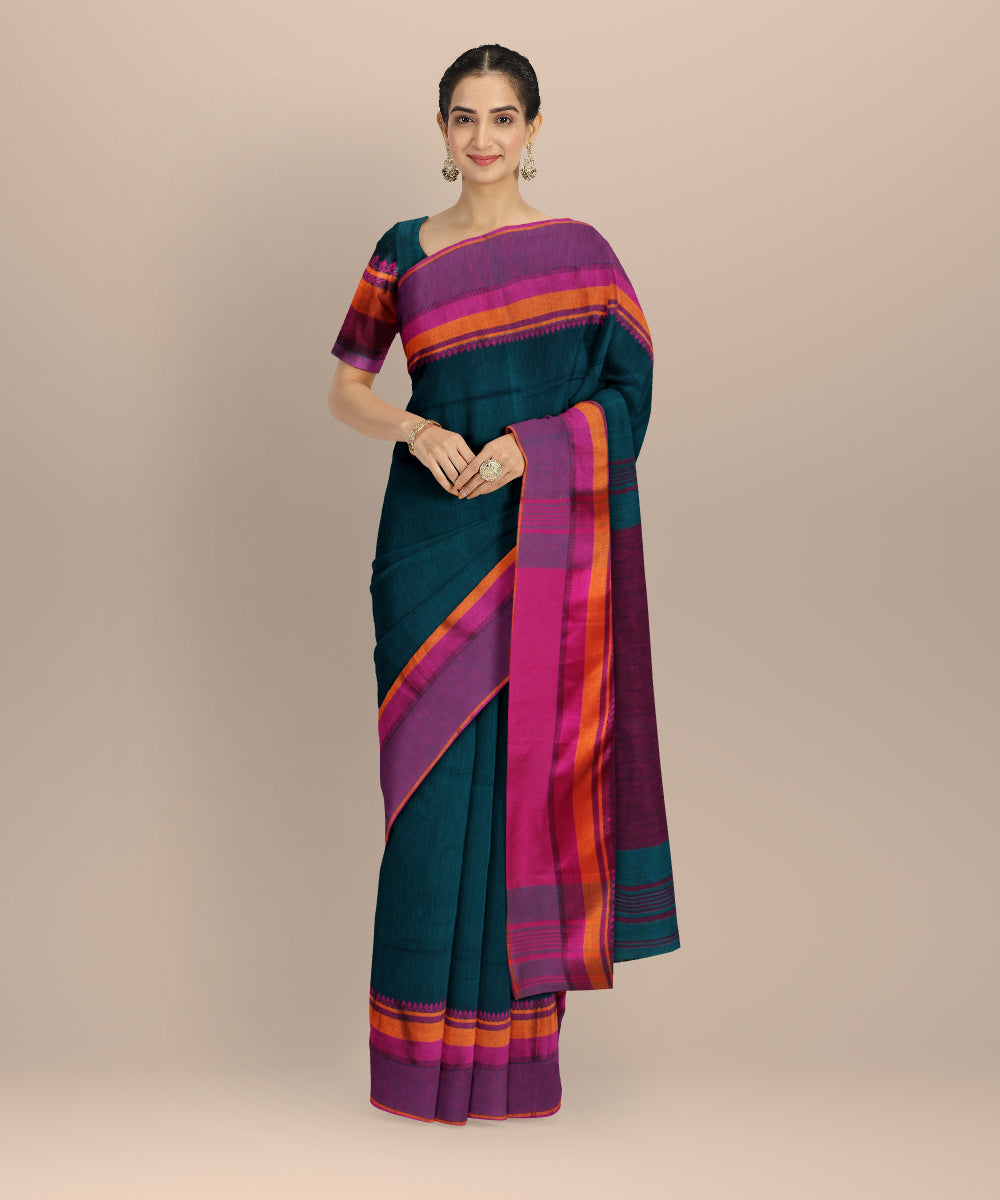 Dark green pink cotton bengal handloom saree