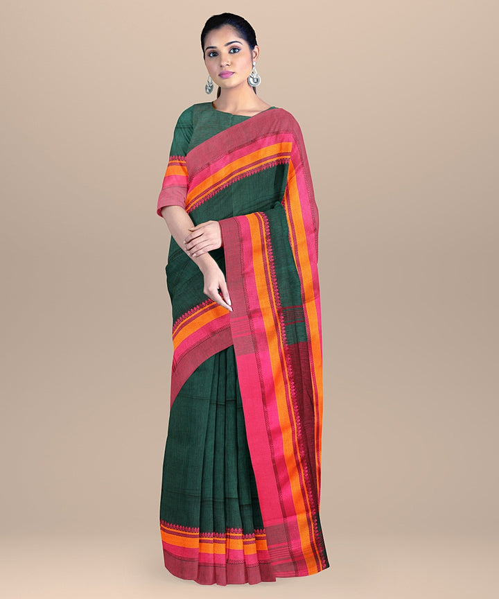 Dark green pink cotton bengal handloom saree