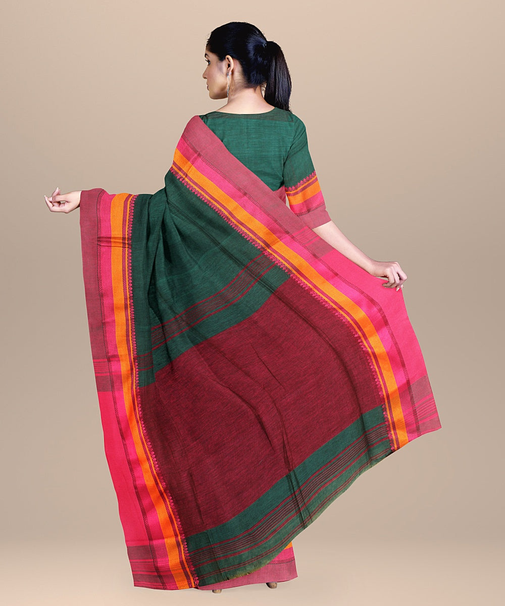 Dark green pink cotton bengal handloom saree