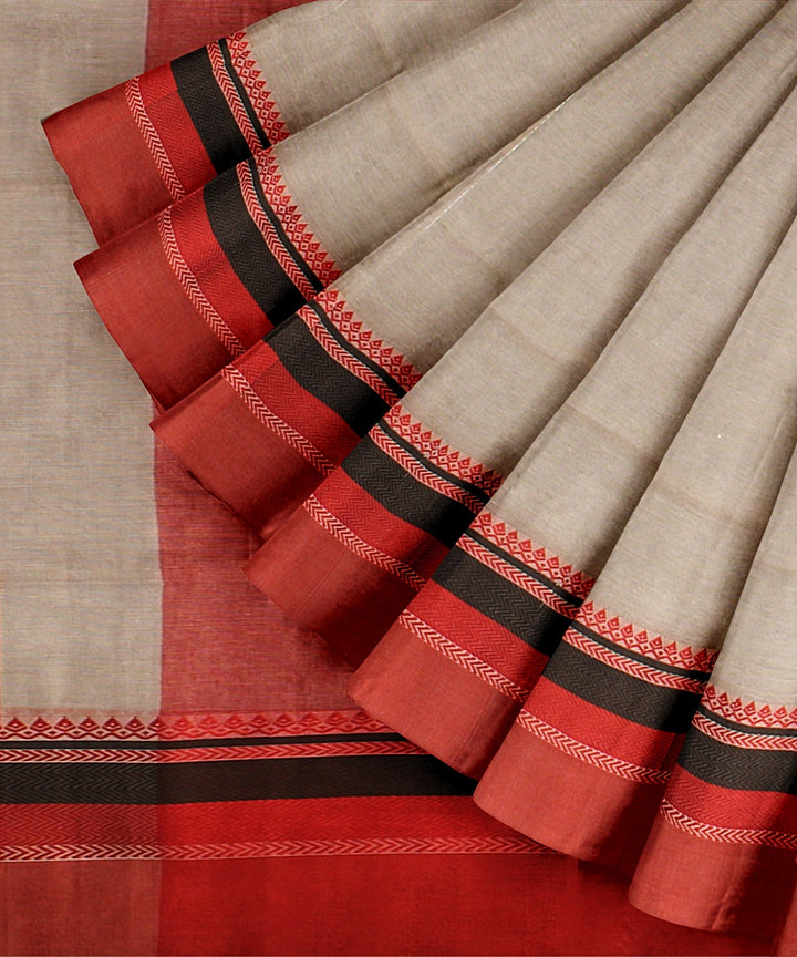 Grey red black handloom cotton bengal saree