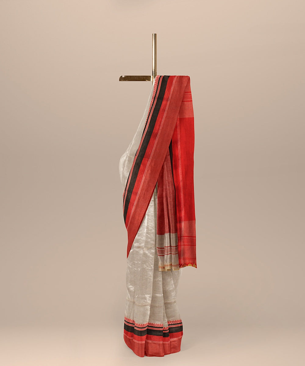 Grey red black handloom cotton bengal saree