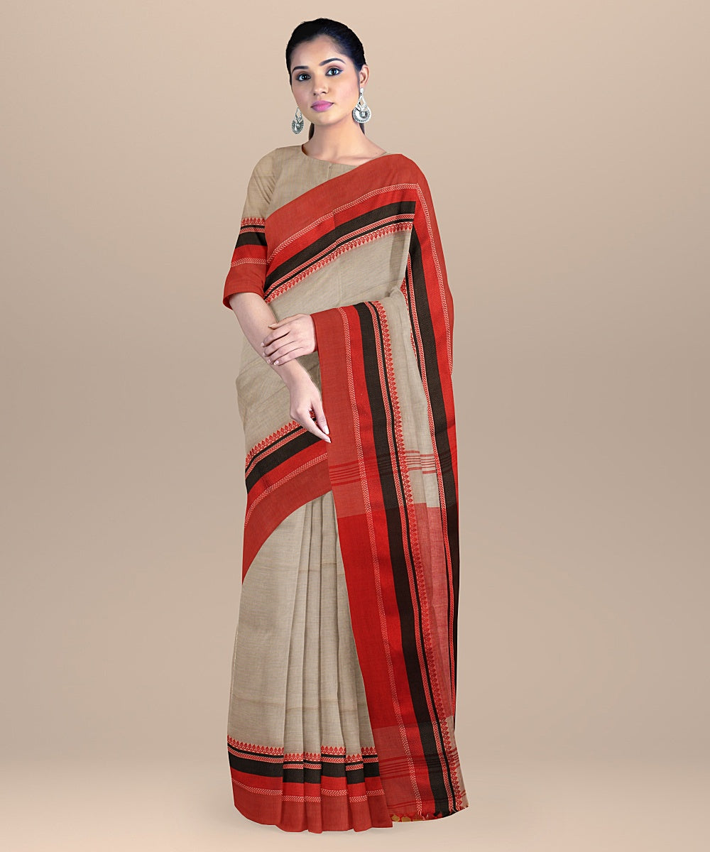 Grey red black handloom cotton bengal saree