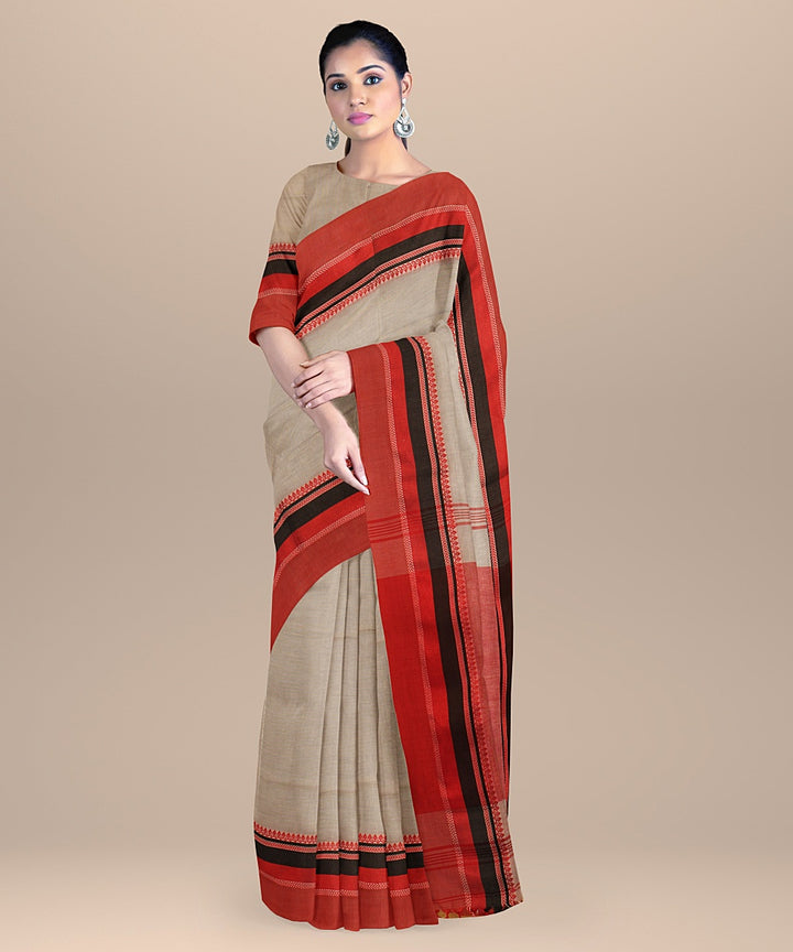 Grey red black handloom cotton bengal saree