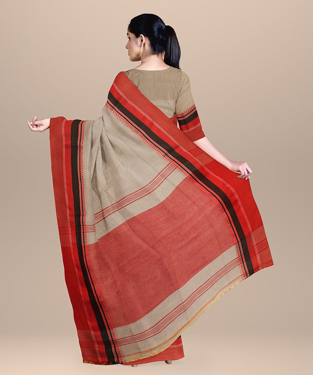 Grey red black handloom cotton bengal saree