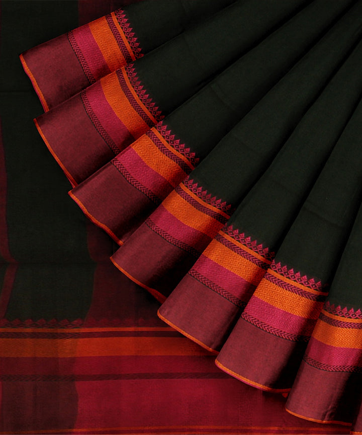 Dark green pink handloom cotton bengal saree