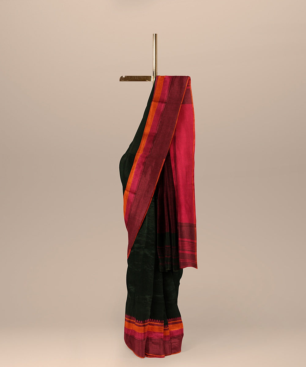 Dark green pink handloom cotton bengal saree