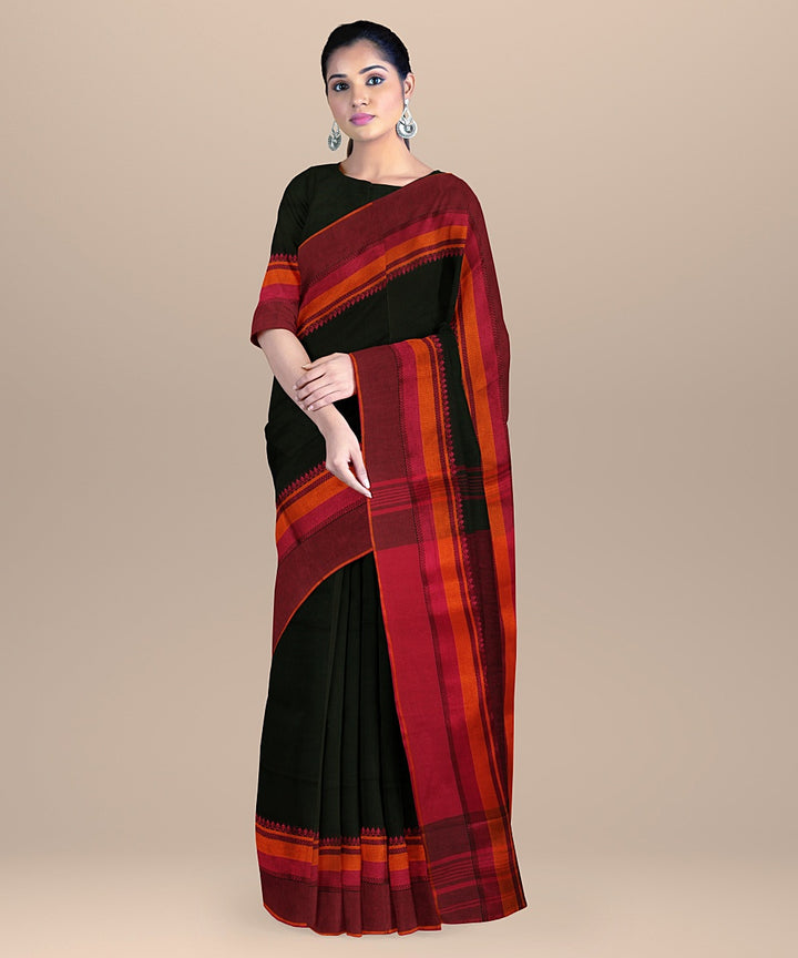 Dark green pink handloom cotton bengal saree