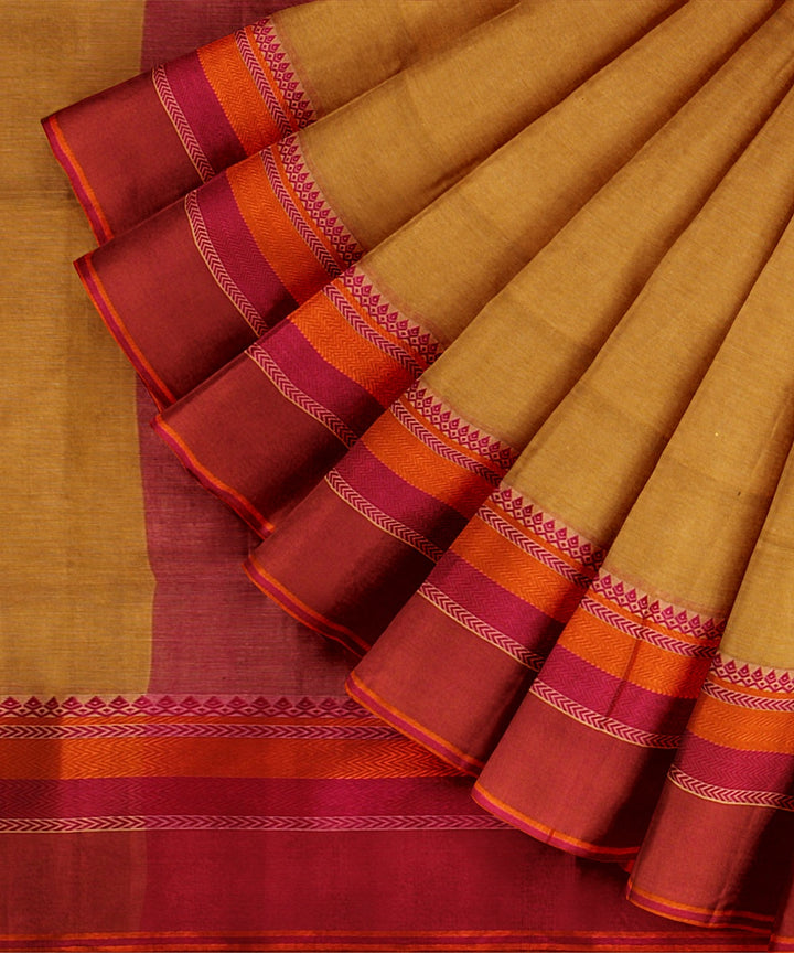 Beige orange handloom cotton bengal saree