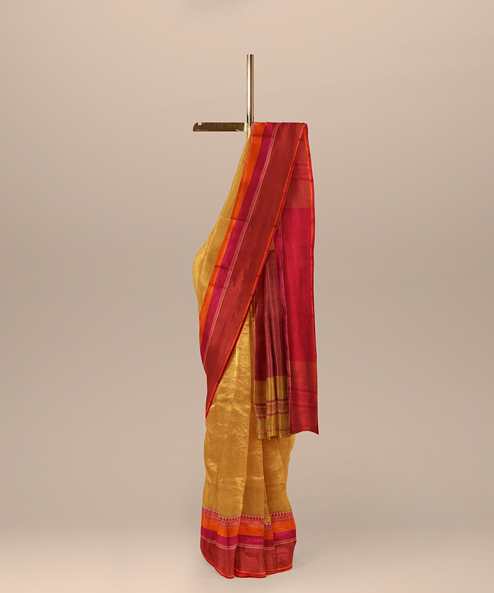 Beige orange handloom cotton bengal saree