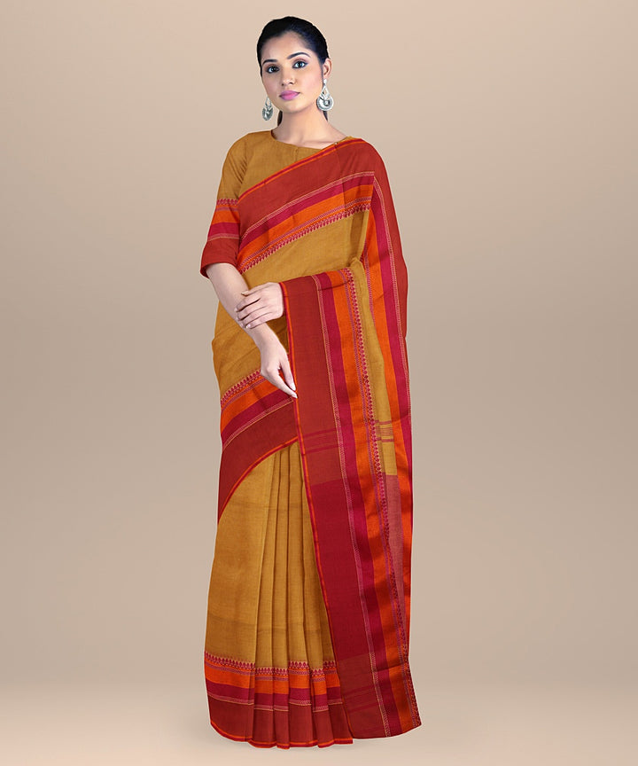 Beige orange handloom cotton bengal saree