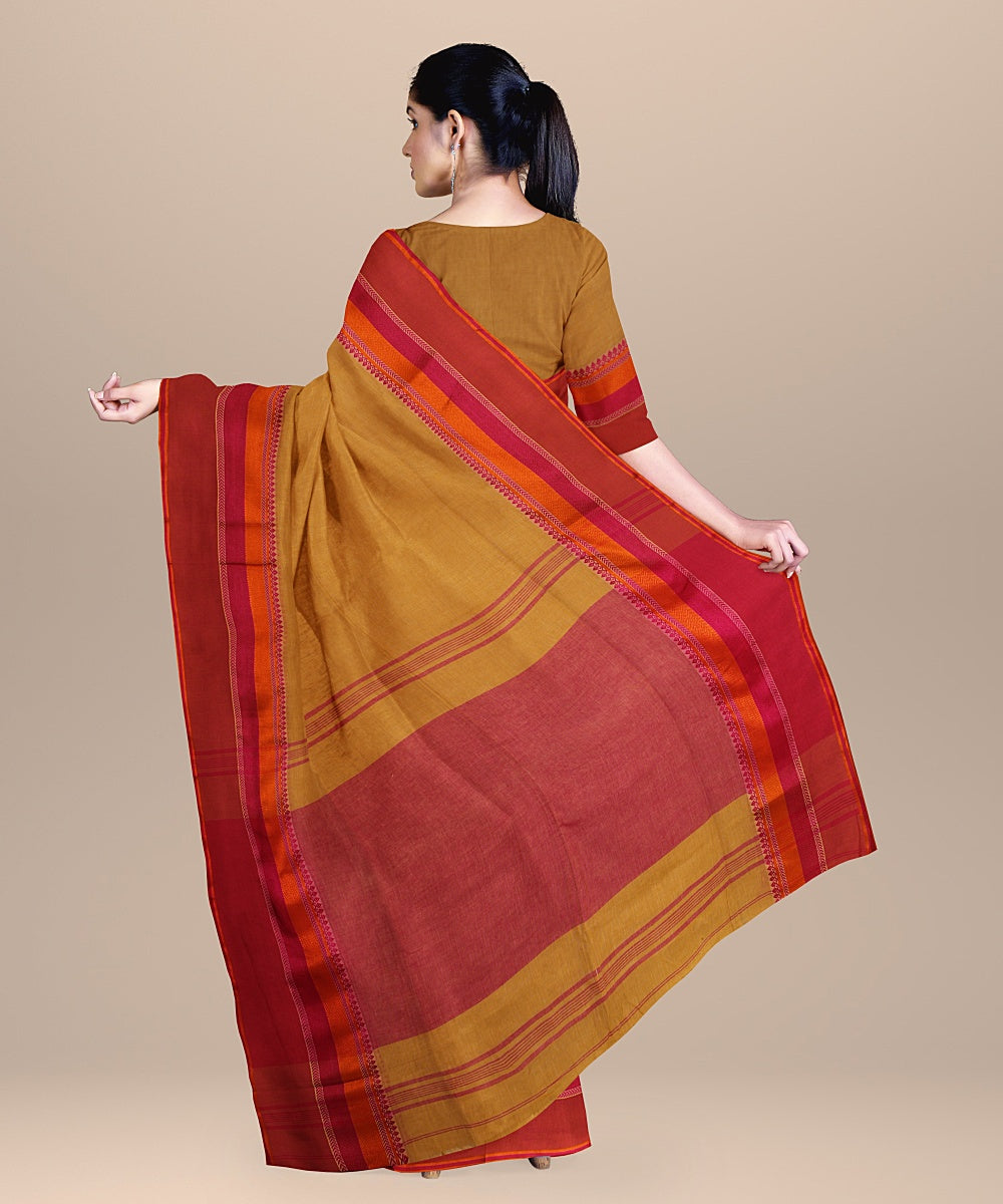 Beige orange handloom cotton bengal saree