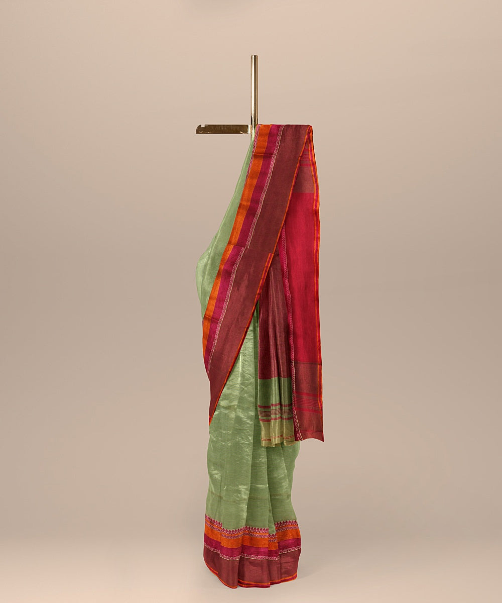 Teal green pink handloom cotton bengal saree