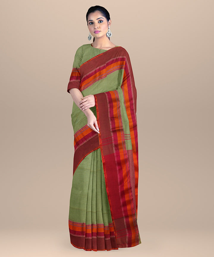 Teal green pink handloom cotton bengal saree