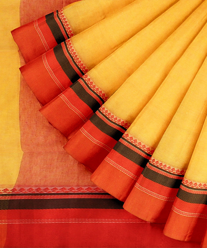 Yellow red black handloom cotton bengal saree