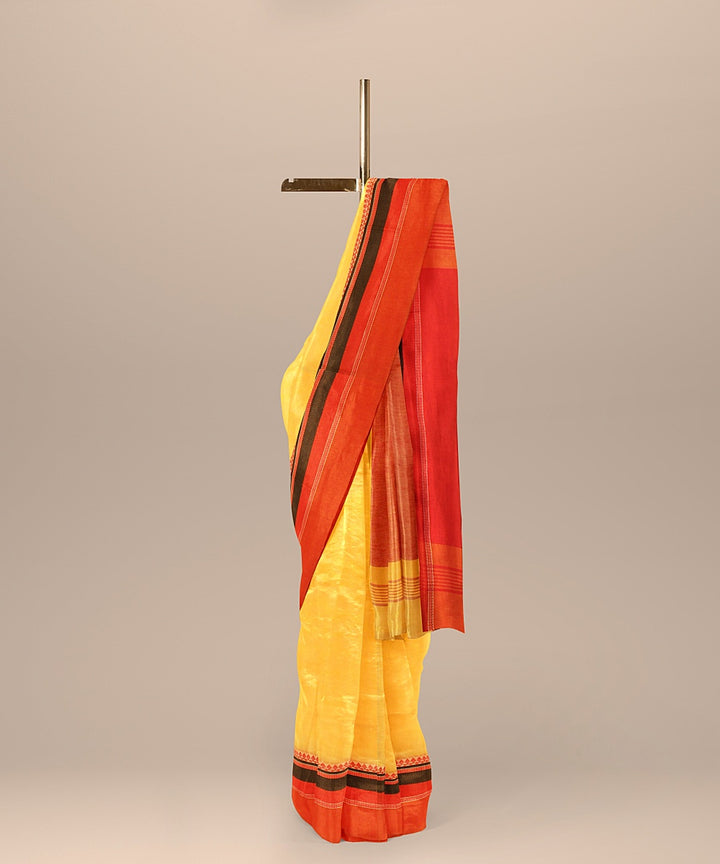 Yellow red black handloom cotton bengal saree