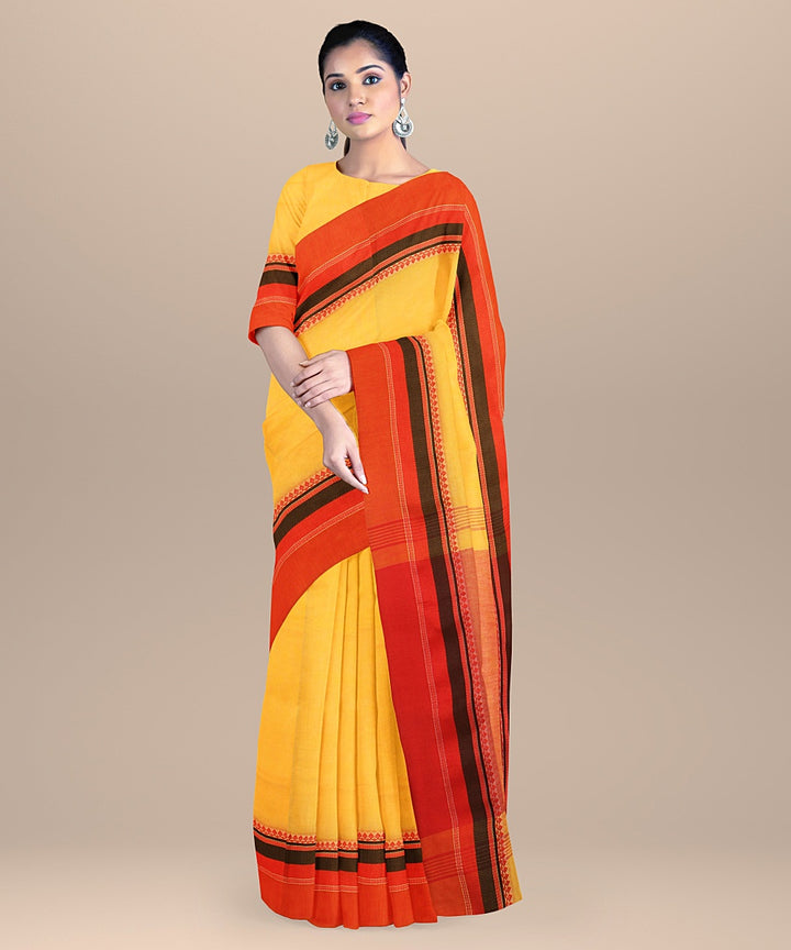 Yellow red black handloom cotton bengal saree