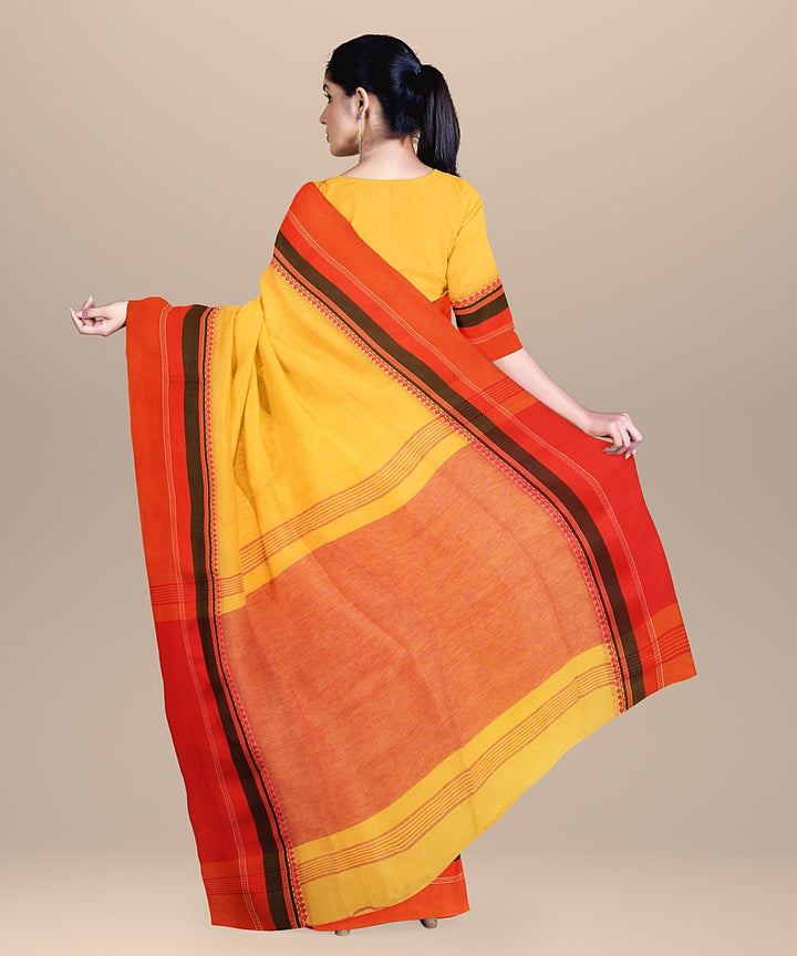 Yellow red black handloom cotton bengal saree