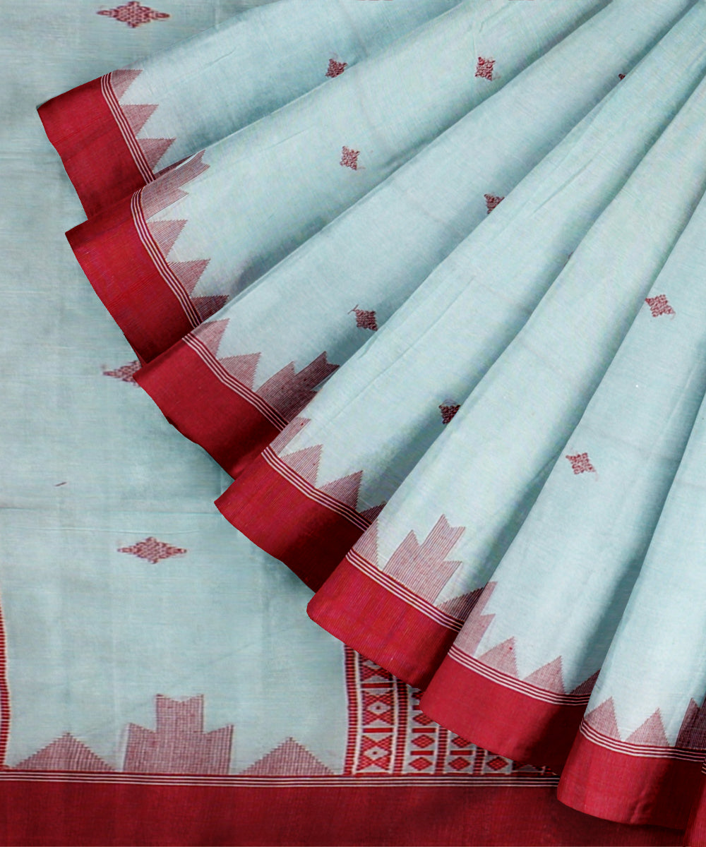 Sky blue red cotton bengal handloom saree