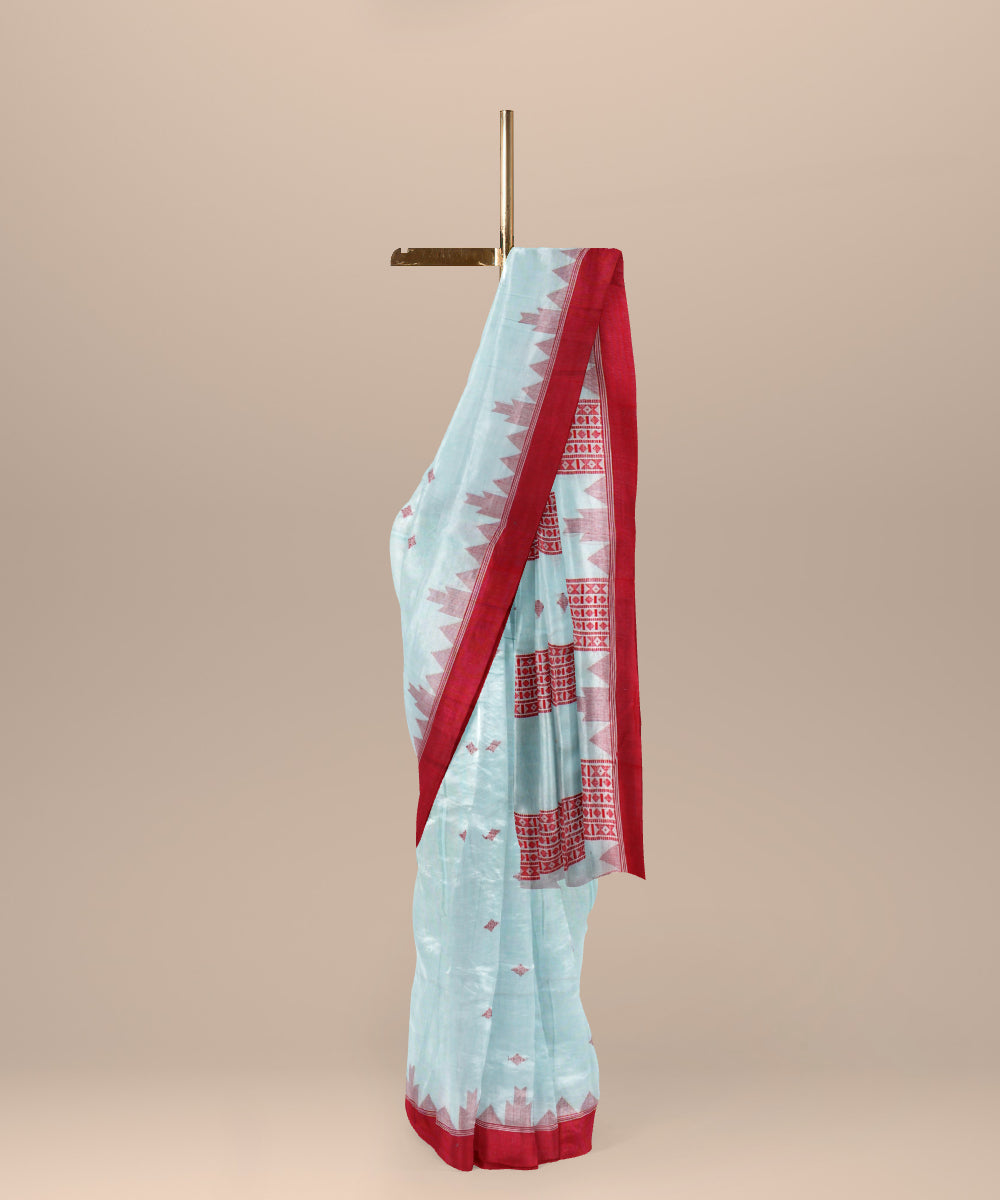 Sky blue red cotton bengal handloom saree