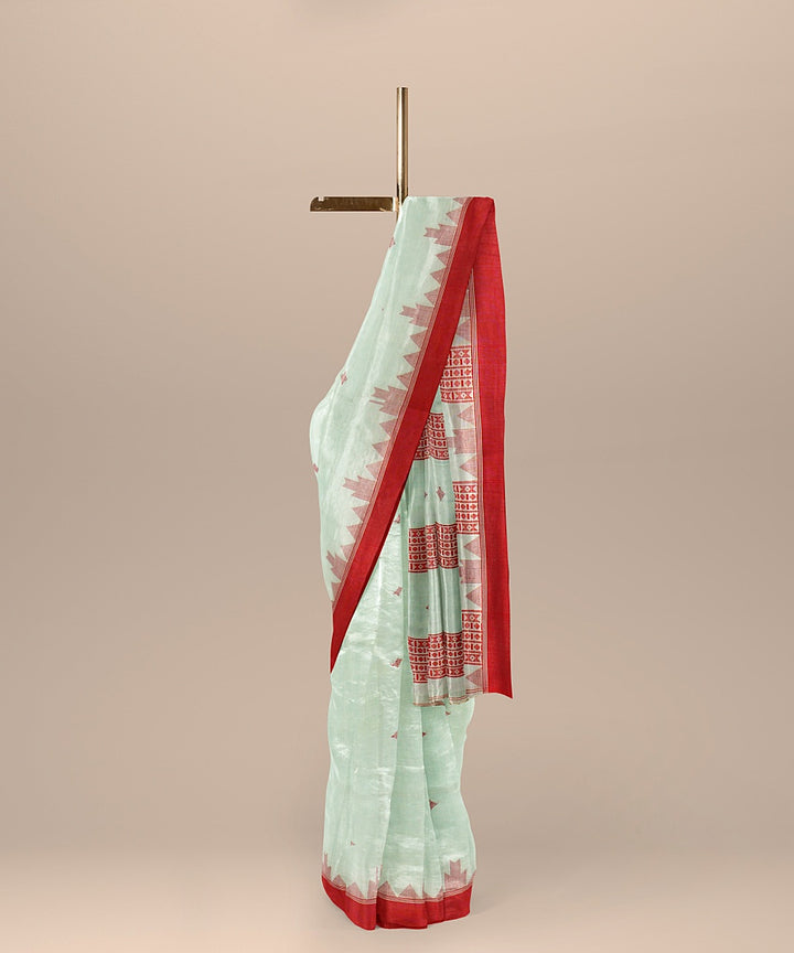 Sky blue red cotton bengal handloom saree