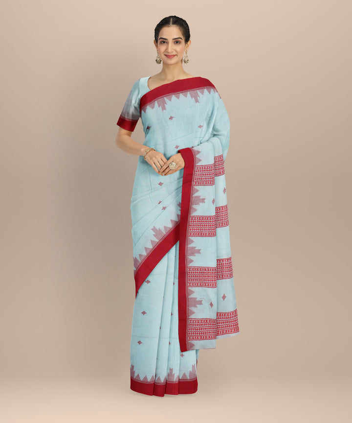 Sky blue red cotton bengal handloom saree