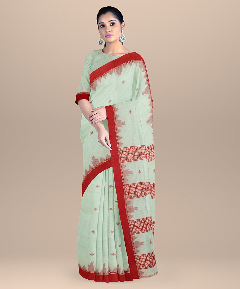 Sky blue red cotton bengal handloom saree