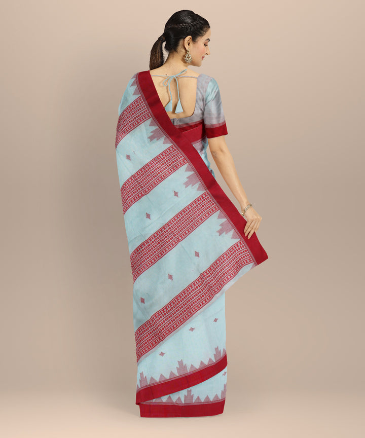 Sky blue red cotton bengal handloom saree