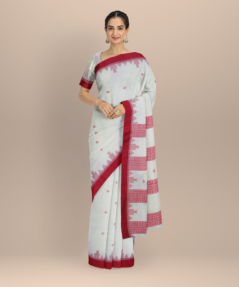 Cream red handloom cotton bengal saree