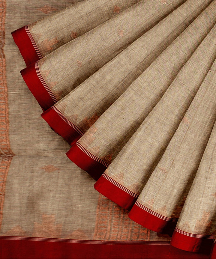 Grey red handloom bengal cotton saree