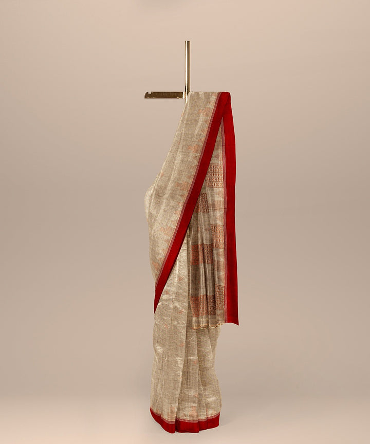 Grey red handloom bengal cotton saree