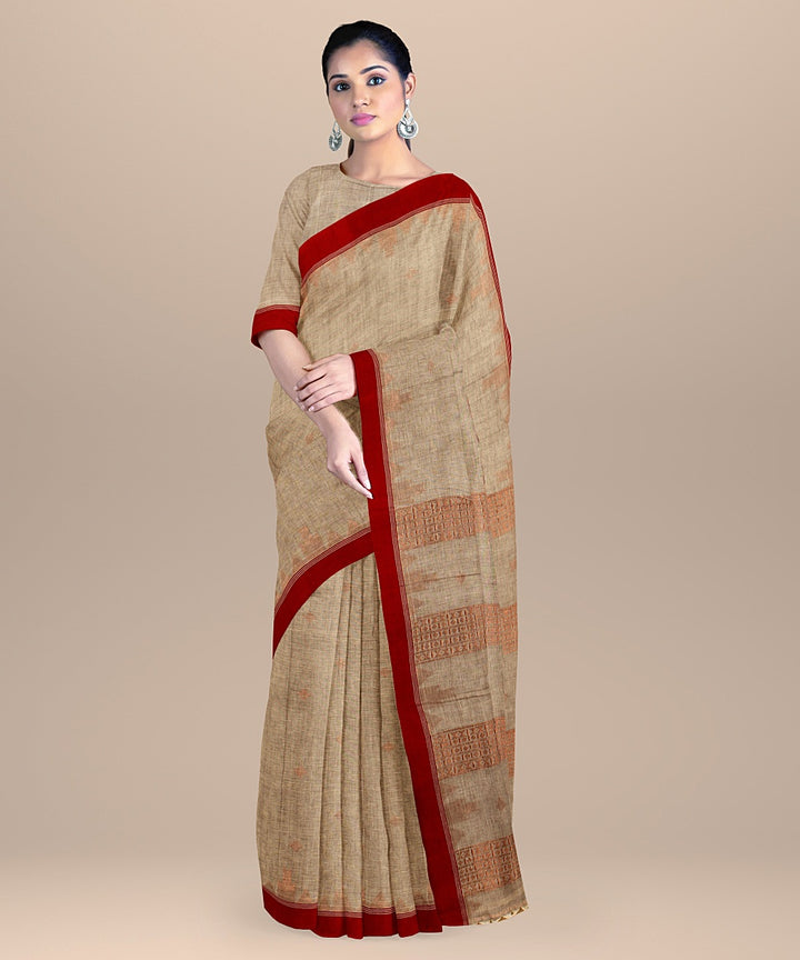 Grey red handloom bengal cotton saree