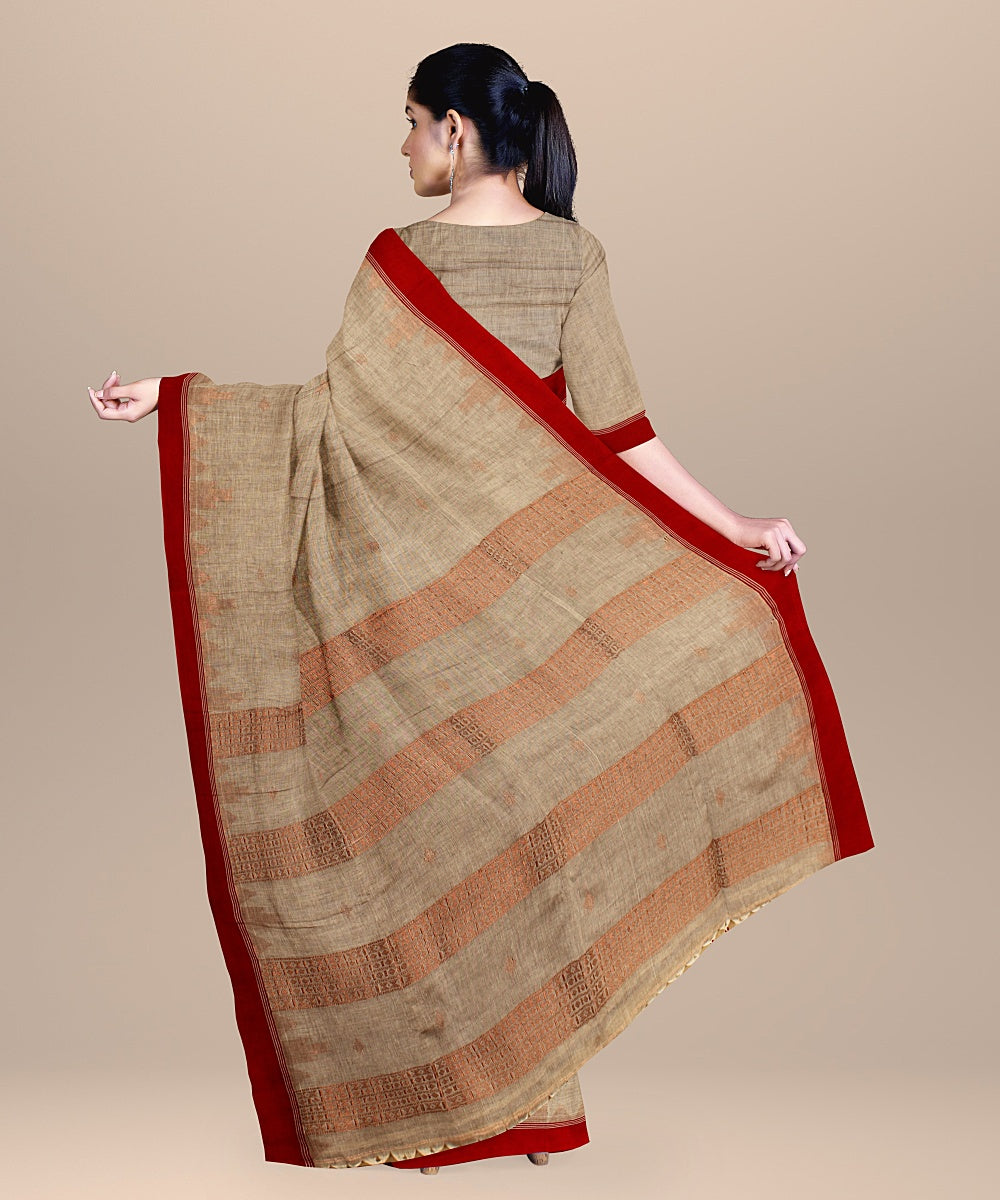 Grey red handloom bengal cotton saree