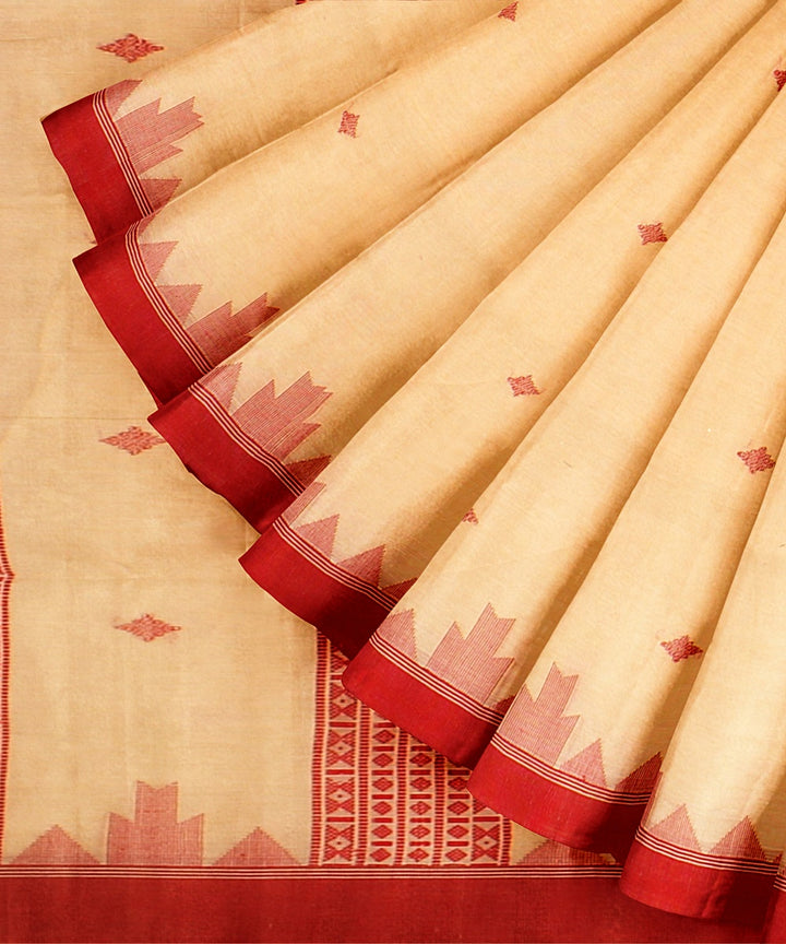 Cream red handloom cotton bengal saree